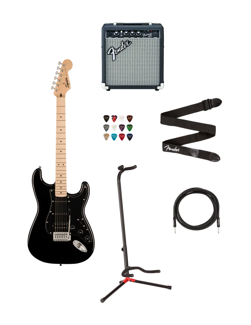 Squier Sonic Strat HSS bundle chitarra nera + ampli 10G