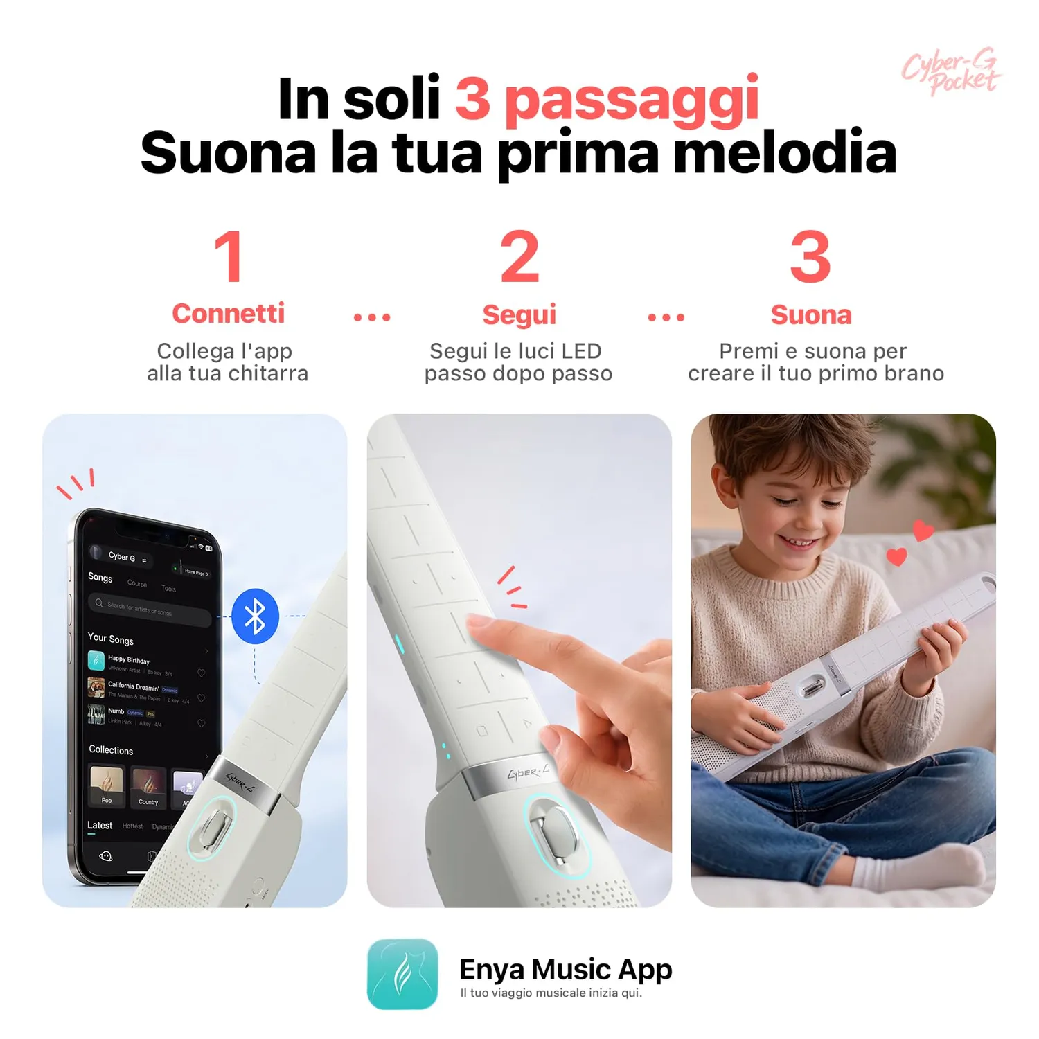 Enya Cyber-G Pocket Chitarra Smart Portatile Rosa 15 Suoni