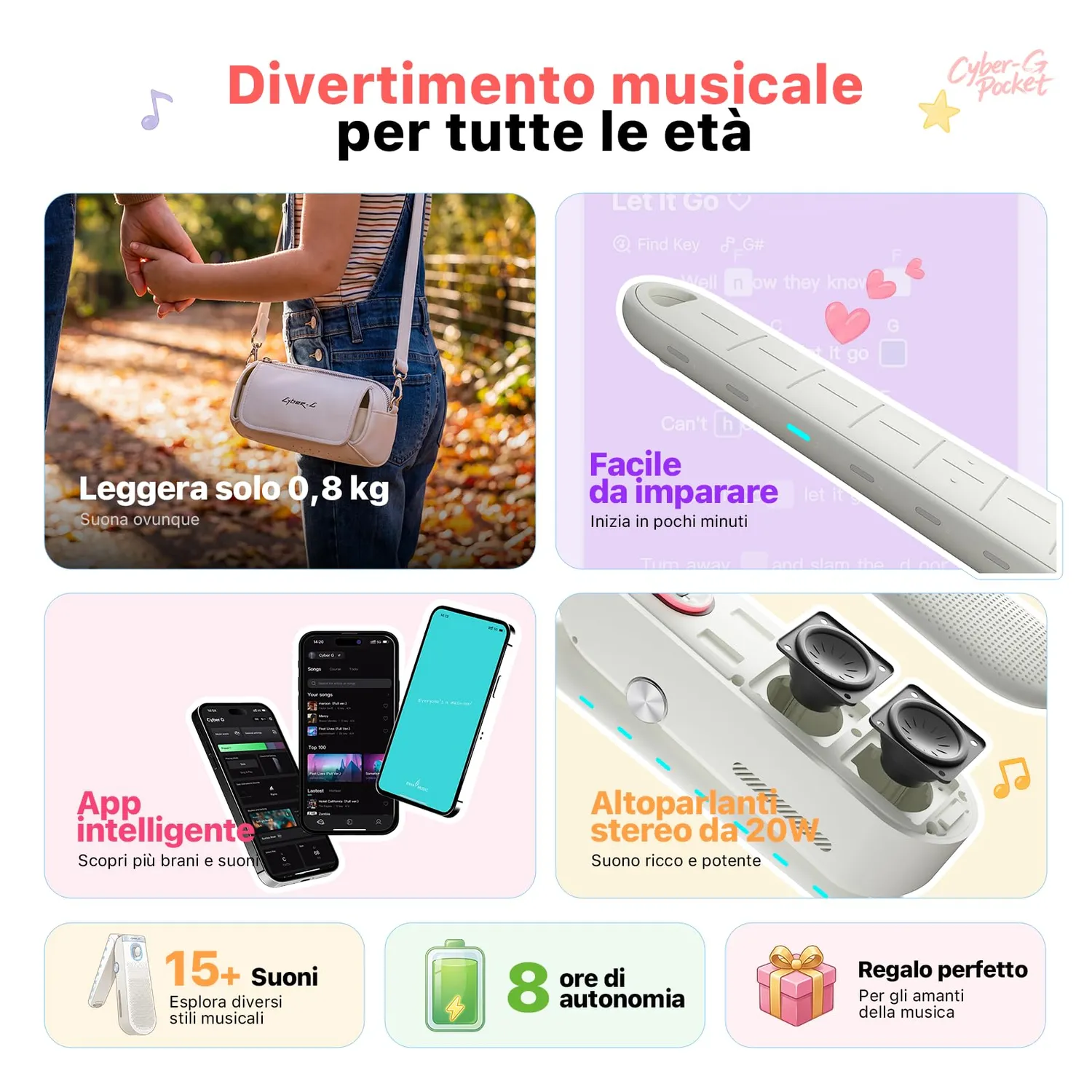 Enya Cyber-G Pocket Chitarra Smart Portatile Rosa 15 Suoni