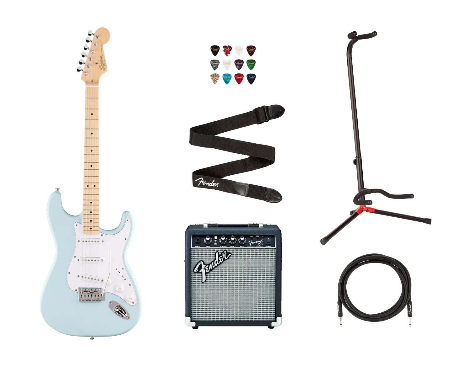 Squier Debut Stratocaster bundle Sonic Blue con Frontman