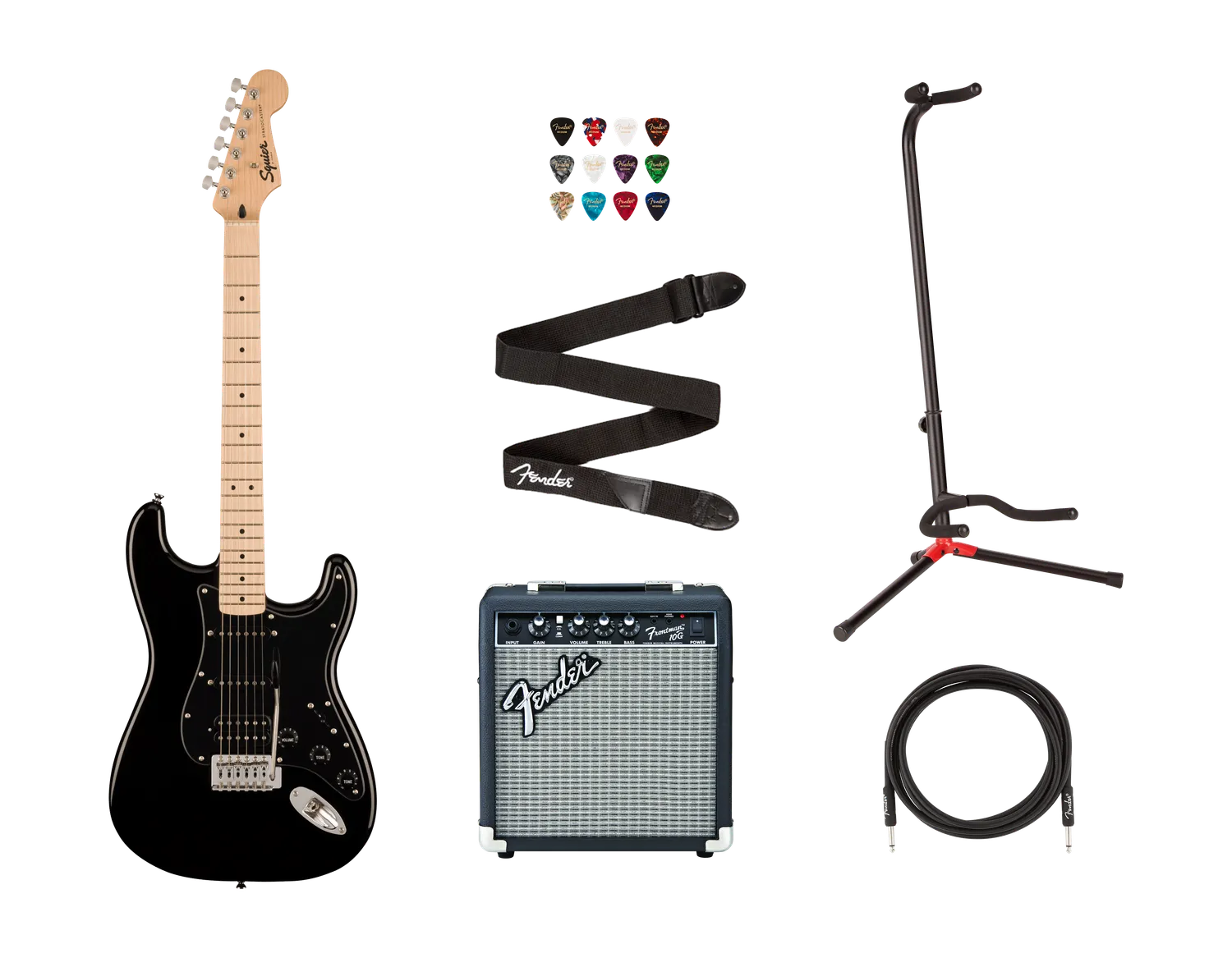 Squier Sonic Strat HSS bundle chitarra nera + ampli 10G