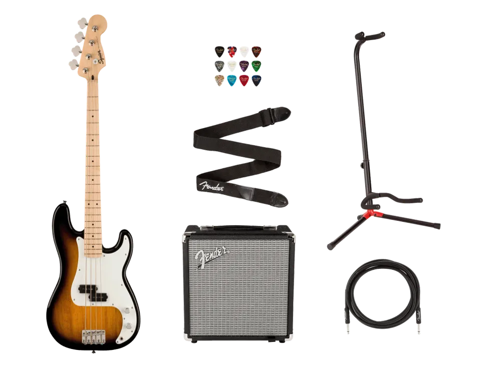 Squier Sonic Precision Bass bundle basso sunburst Rumble