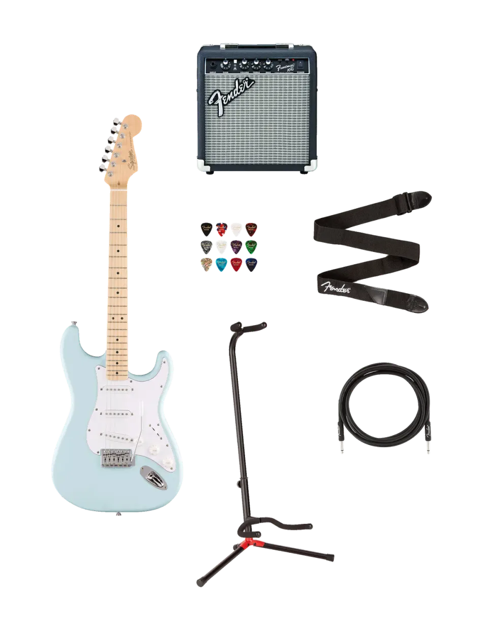 Squier Debut Stratocaster bundle Sonic Blue con Frontman